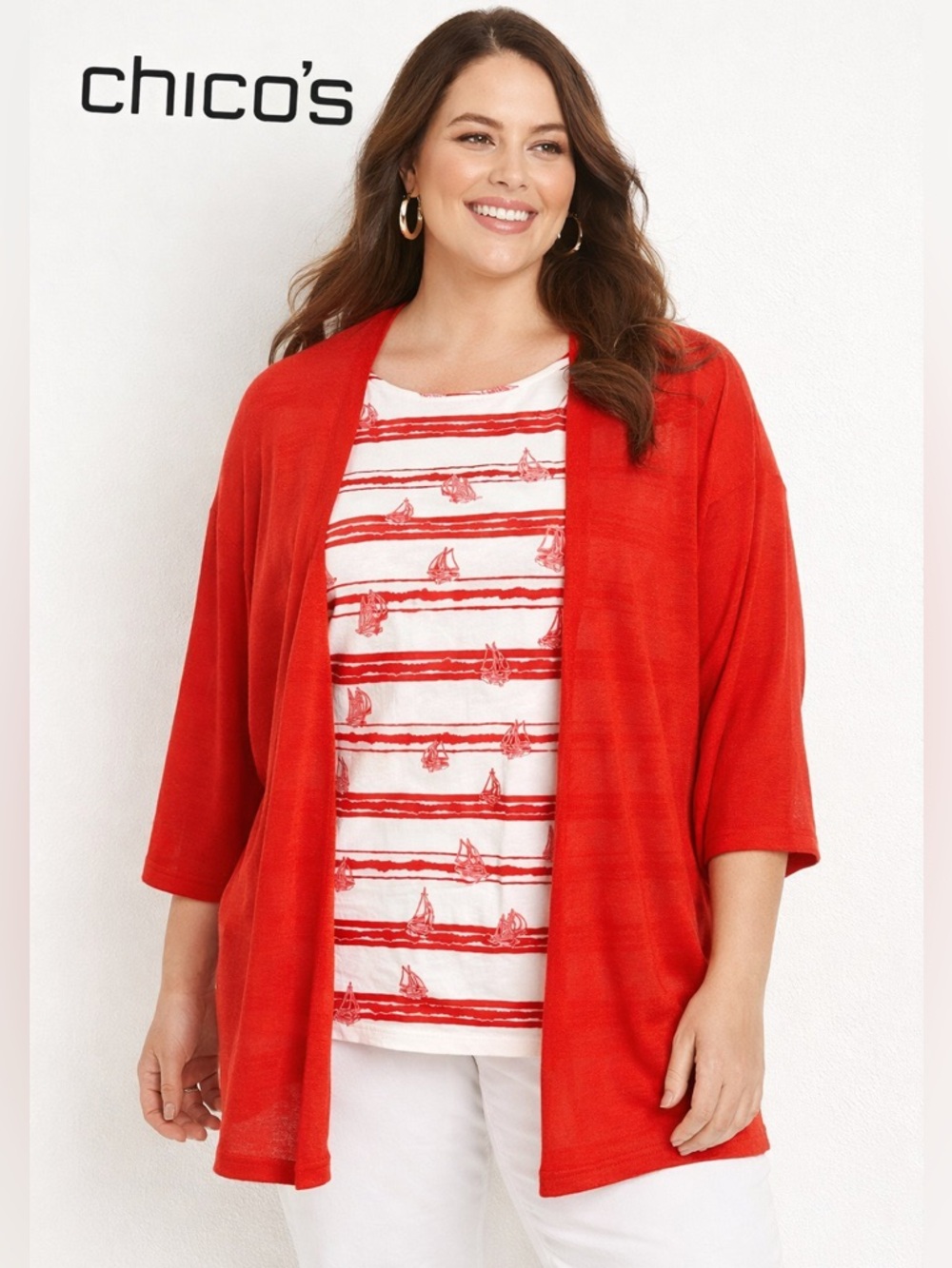 NWOT Chico’s Red Nautical Sailboat Stripe 2-Piece Cardigan Top Set Size 4 XXL